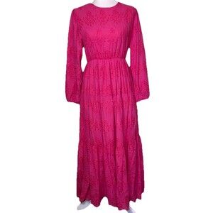 Womens Boho Cottagecore Prairie Tiered Pink Eyelet Maxi Dress Long Sleeves M NWT